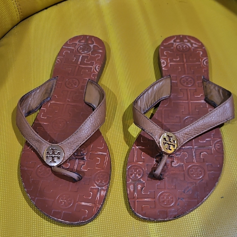 Tory Burch Gold and Brown Sandals with Signature Logo